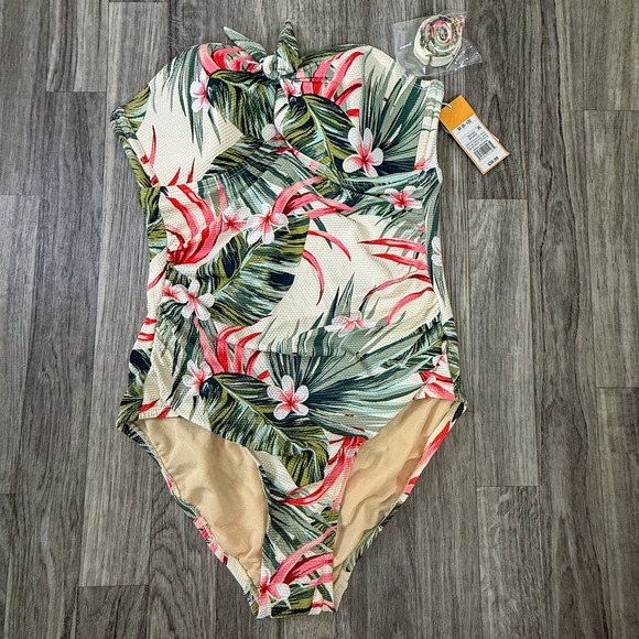 Kona Sol One Piece Swimsuit M 8-10 Tropical Floral High Coverage Strapless NWT - Picture 1 of 8